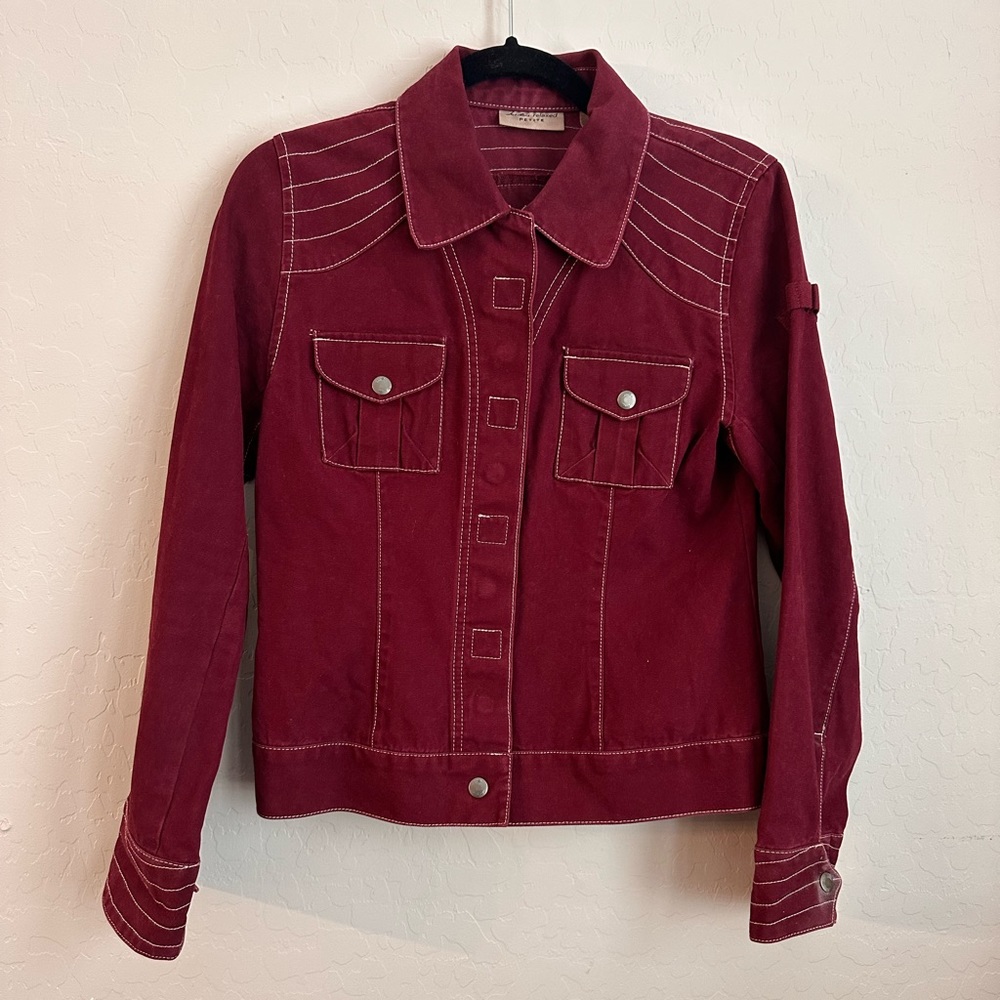 i.e. relaxed petite burgundy 100% cotton snap button jacket